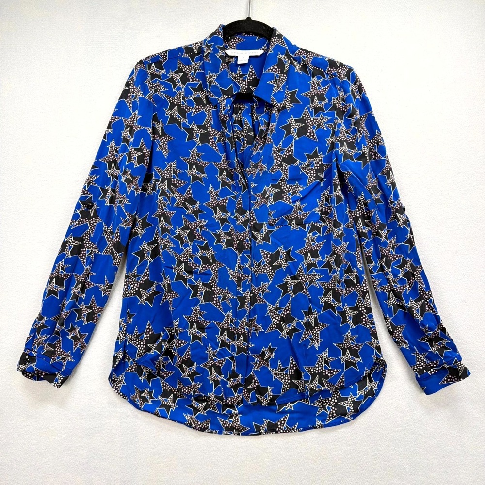 Diane von Furstenberg Shirt Womens 6 Blue Black Star Pattern Blouse Buttonton Up